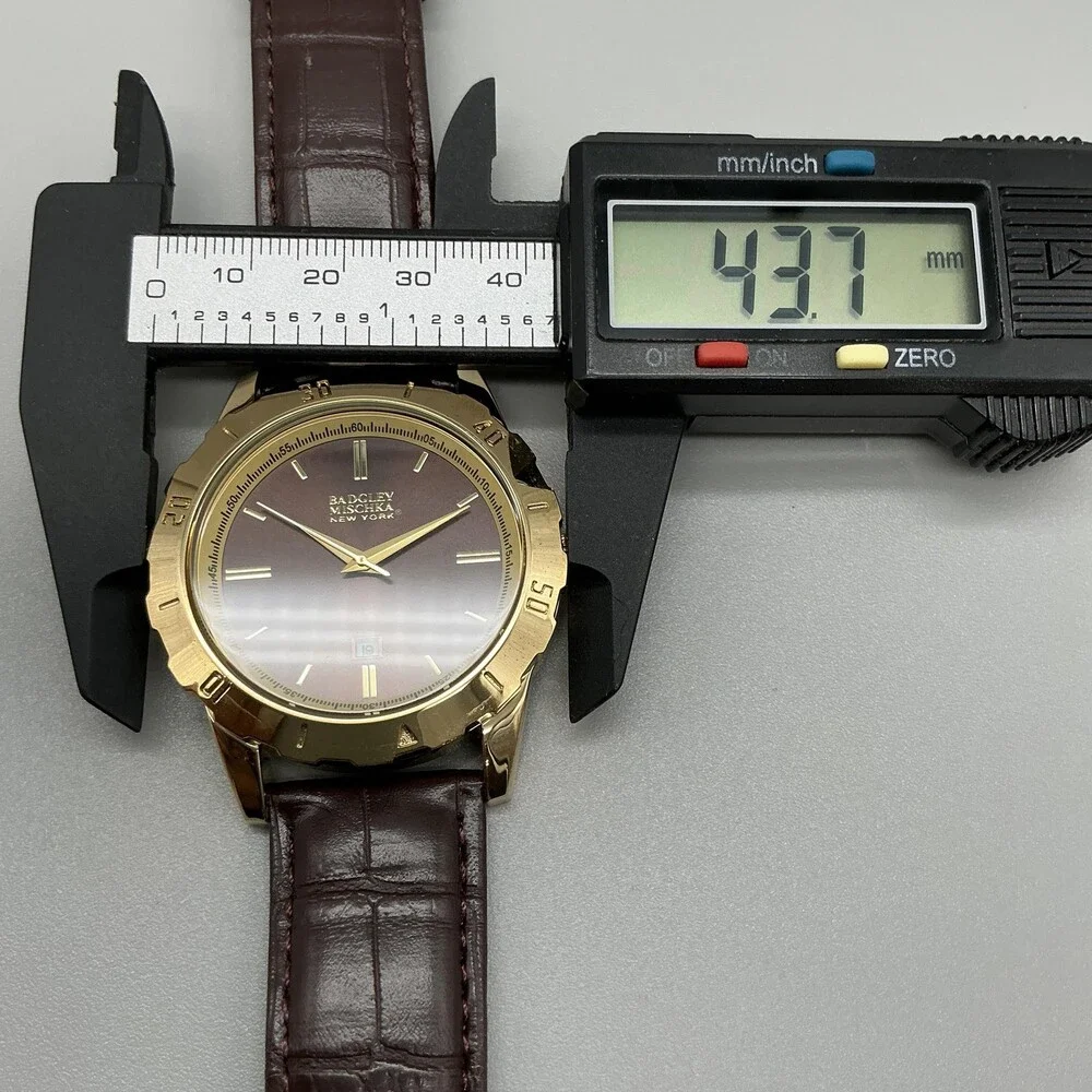 Badgley Mischka Mens Watch 44mm Brown Dial Date Gold Tone Leather Band